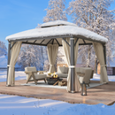 EROMMY 12' x 12' Hardtop Gazebo, Permanent Outdoor Aluminum Patio Gazebo with Aluminum Composite Double Arc Roof, Curtains and Netting Included-Erommy